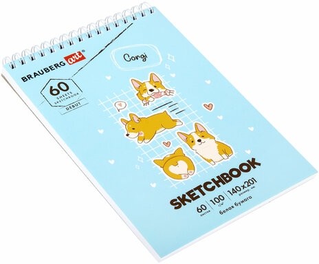 Скетчбук, белая бумага 100 г/м2, 140х201 мм, 60 л., гребень, жёсткая подложка, BRAUBERG ART, "Корги", 115064