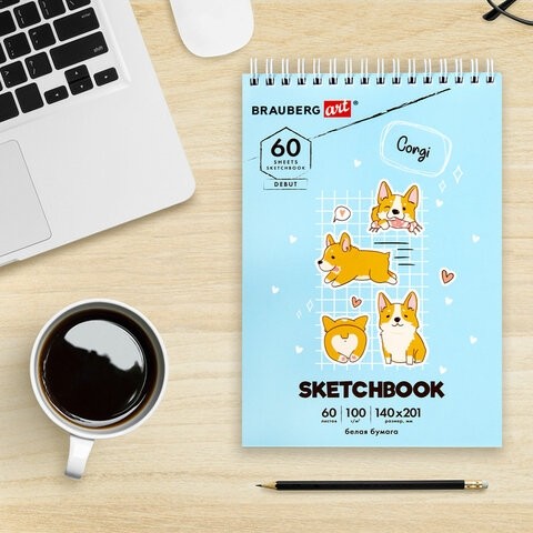 Скетчбук, белая бумага 100 г/м2, 140х201 мм, 60 л., гребень, жёсткая подложка, BRAUBERG ART, "Корги", 115064