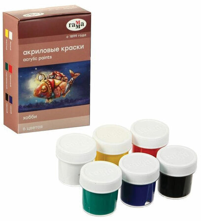 Краски акриловые декоративные ГАММА "Хобби", 6 цветов по 20 мл, в баночках, 3012196