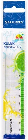 Линейка пластиковая 15 см BRAUBERG "FRESH ZONE", прозрачная, с салатовой шкалой, 210748