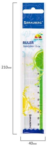 Линейка пластиковая 15 см BRAUBERG "FRESH ZONE", прозрачная, с салатовой шкалой, 210748