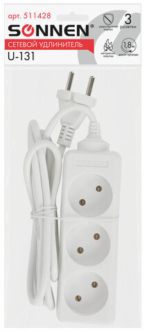 Удлинитель сетевой SONNEN U-131, 3 розетки, без заземления, 6 А, 1,8 м, белый, 511428