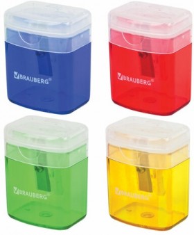 Точилка BRAUBERG "OfficeBox", с контейнером и крышкой, прямоугольная, в упаковке с подвесом, ассорти, 222494