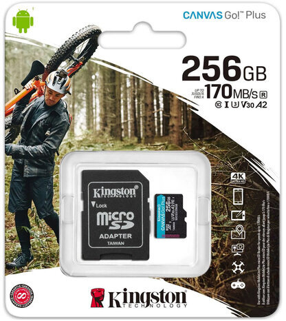 Карта памяти microSDXC 256GB KINGSTON Canvas Go Plus UHS-I U3, 170 Мб/с (class 10), SDCG3/256GB