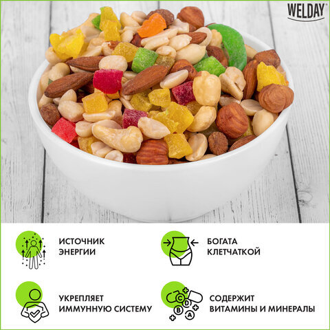 Ореховая смесь сушеная, WELDAY, фундук, миндаль, арахис, кешью, ананас, 1000 г, 622478
