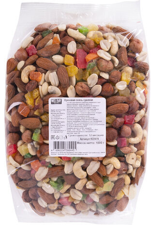 Ореховая смесь сушеная, WELDAY, фундук, миндаль, арахис, кешью, ананас, 1000 г, 622478