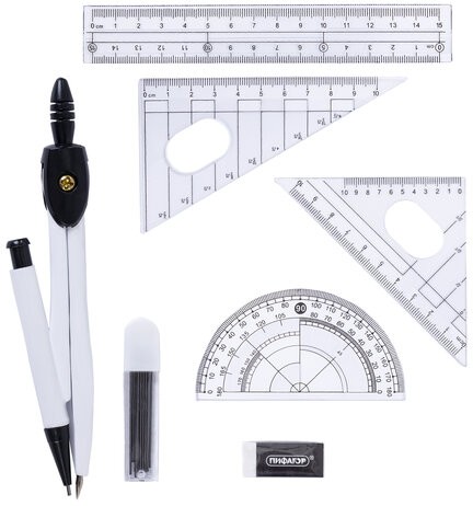 Готовальня ПИФАГОР, 8 предметов: циркуль 120 мм, чертежные принадлежности, металлический пенал, 210859