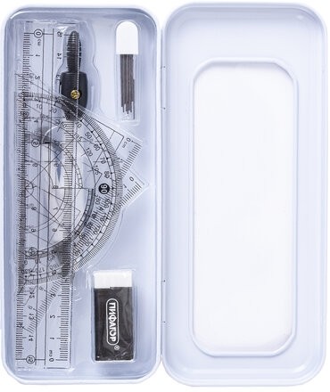 Готовальня ПИФАГОР, 8 предметов: циркуль 120 мм, чертежные принадлежности, металлический пенал, 210859