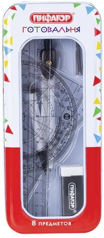 Готовальня ПИФАГОР, 8 предметов: циркуль 120 мм, чертежные принадлежности, металлический пенал, 210859