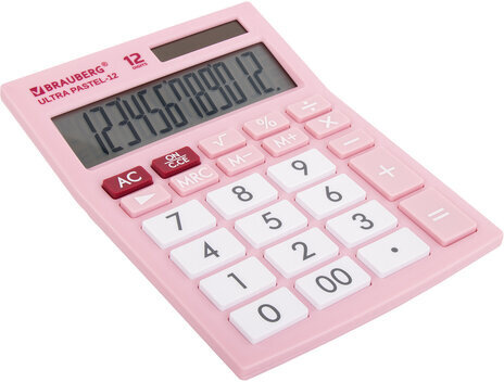 Калькулятор настольный BRAUBERG ULTRA PASTEL-12-PK (192x143 мм), 12 разрядов, двойное питание, РОЗОВЫЙ, 250503