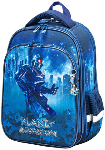 Ранец BRAUBERG QUADRO, 3 отделения, с брелком, "Planet invasion", 37х28х18 см, 270604
