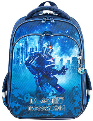 Ранец BRAUBERG QUADRO, 3 отделения, с брелком, "Planet invasion", 37х28х18 см, 270604
